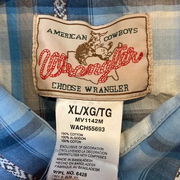 Wrangler XL Western Pearl Snap Plaid Button Down Long Sleeve Shirt Blue - Picture 4 of 6